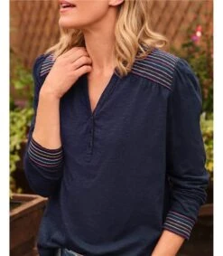 Haut à Col Boutonné Et Empiècement Brodé - Femme -Woolovers 215726 j524l navymulti w 51