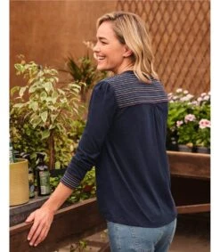 Haut à Col Boutonné Et Empiècement Brodé - Femme -Woolovers 215726 j524l navymulti w 53