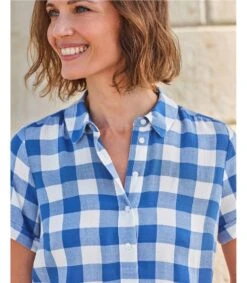 Chemisier à Carreaux Manches Courtes - Femme - Viscose 7 Chemisier à Carreaux Manches Courtes - Femme - Viscose -Woolovers 221127 w234l bluewhitecheck w 7