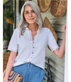 Chemise En Jersey à Manches Courtes Et Bord Festonné - Femme