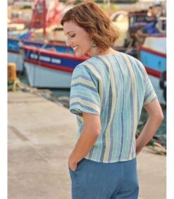 Haut Boutonné En Mélange De Lin Noué Sur Le Devant - Femme -Woolovers 223088 w365l verticalstripe w 9