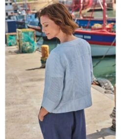 Veste En Lin Avec Détails De Couture - Femme 7 Veste En Lin Avec Détails De Couture - Femme -Woolovers 223139 w387l tickingstripe w 8