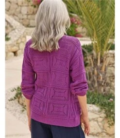 Bord à Bord Cardigan Pointelle à Ourlet Incurvé 7 Bord à Bord Cardigan Pointelle à Ourlet Incurvé -Woolovers 225179 t437l figpurple w 7