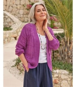 Bord à Bord Cardigan Pointelle à Ourlet Incurvé