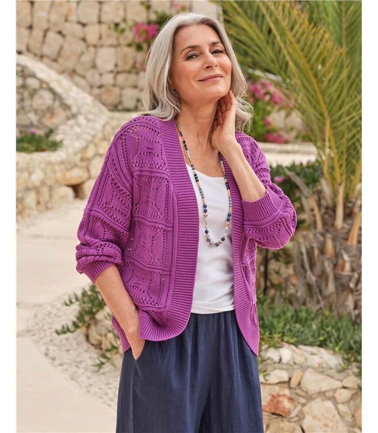 Bord à Bord Cardigan Pointelle à Ourlet Incurvé 3 Bord à Bord Cardigan Pointelle à Ourlet Incurvé