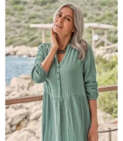 Robe à Volants En Coton Texturé -Woolovers 225195 w391l seagrassgreen w 6