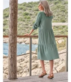 Robe à Volants En Coton Texturé -Woolovers 225195 w391l seagrassgreen w 7