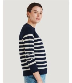 Celaeno Striped Lambswool Funnel Neck Jumper -Woolovers 225578 tk9 navy w 8