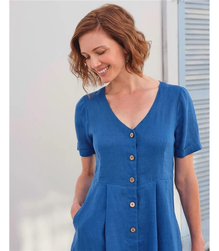 Robe Boutonnée En Lin à Col En V - Femme 4 Robe Boutonnée En Lin à Col En V - Femme – Image 2