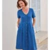 Robe Boutonnée En Lin à Col En V - Femme -Woolovers 68dcb ea2ac 219291 w388l persianblue w 5