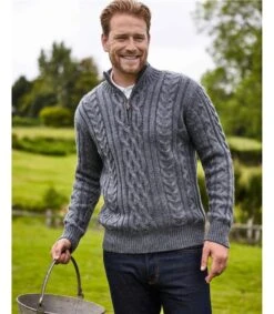 Pull Irlandais En Maille Torsadée à Col Zippé - Homme - Pure Laine