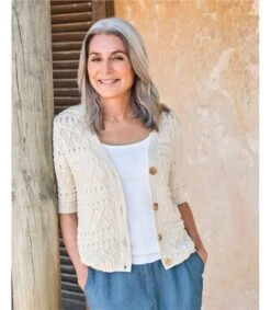 Cardigan à Col En V En Fil à Bande Texturée - Femme