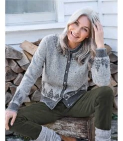 Cardigan Motif Jacquard Forêt - Femme - Pure Laine